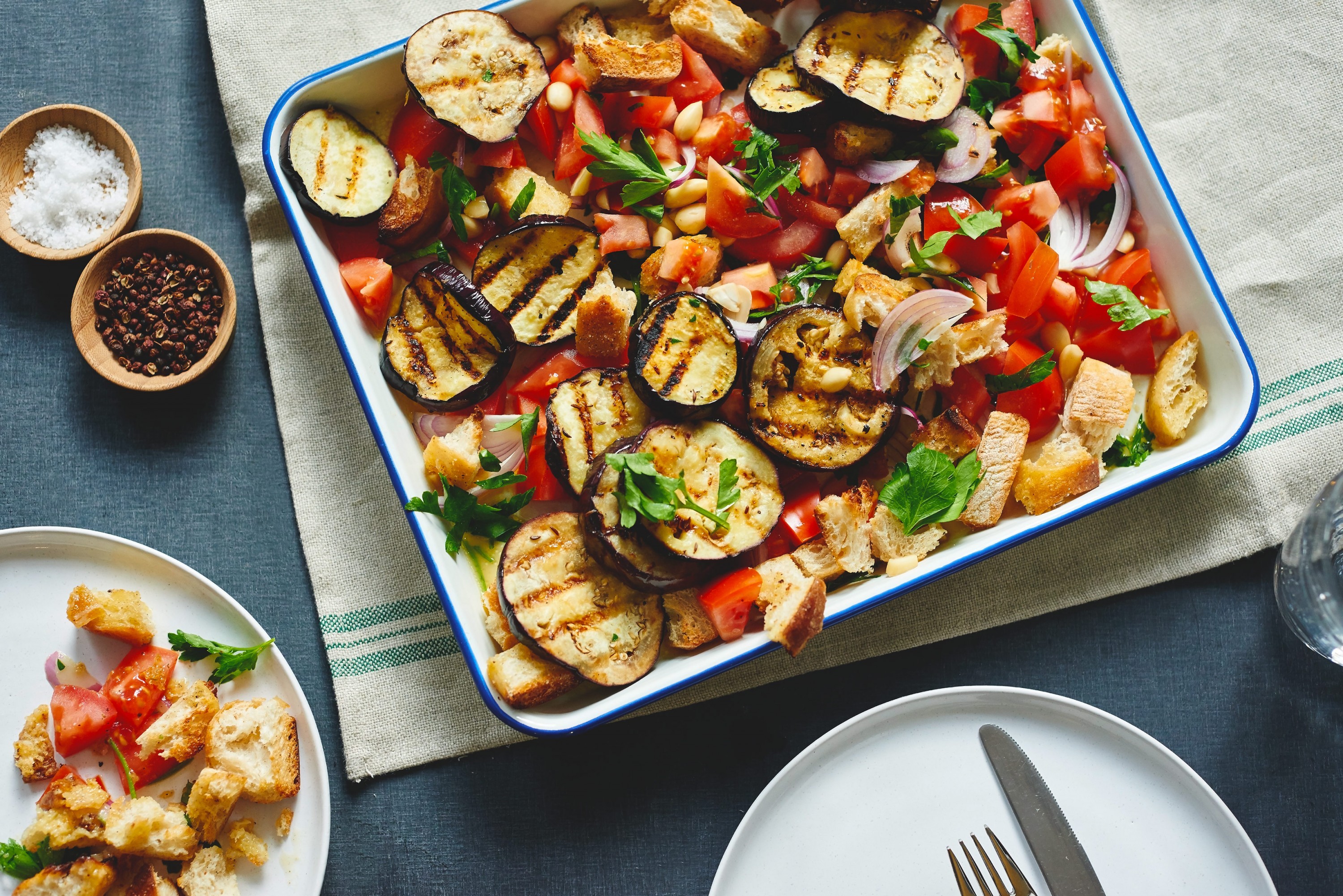 Tuscan Bread Salad with Aubergine and Maple Syrup Vegetarian Recipe